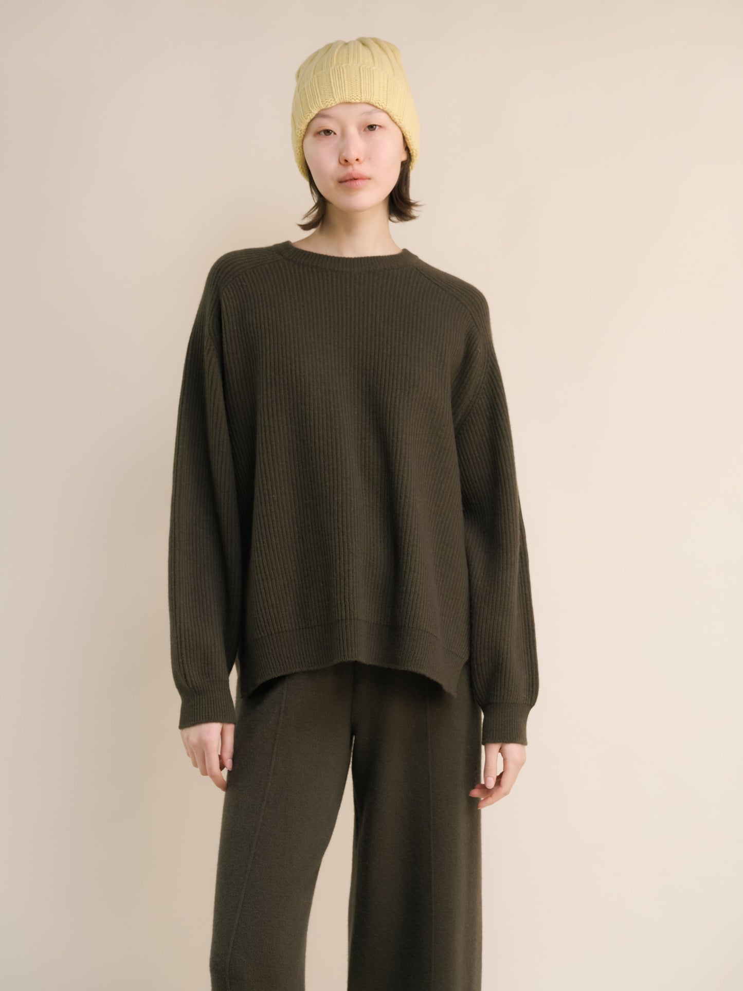 Cashmere Mix Crewneck Ribbed Sweater with Lateral Slits