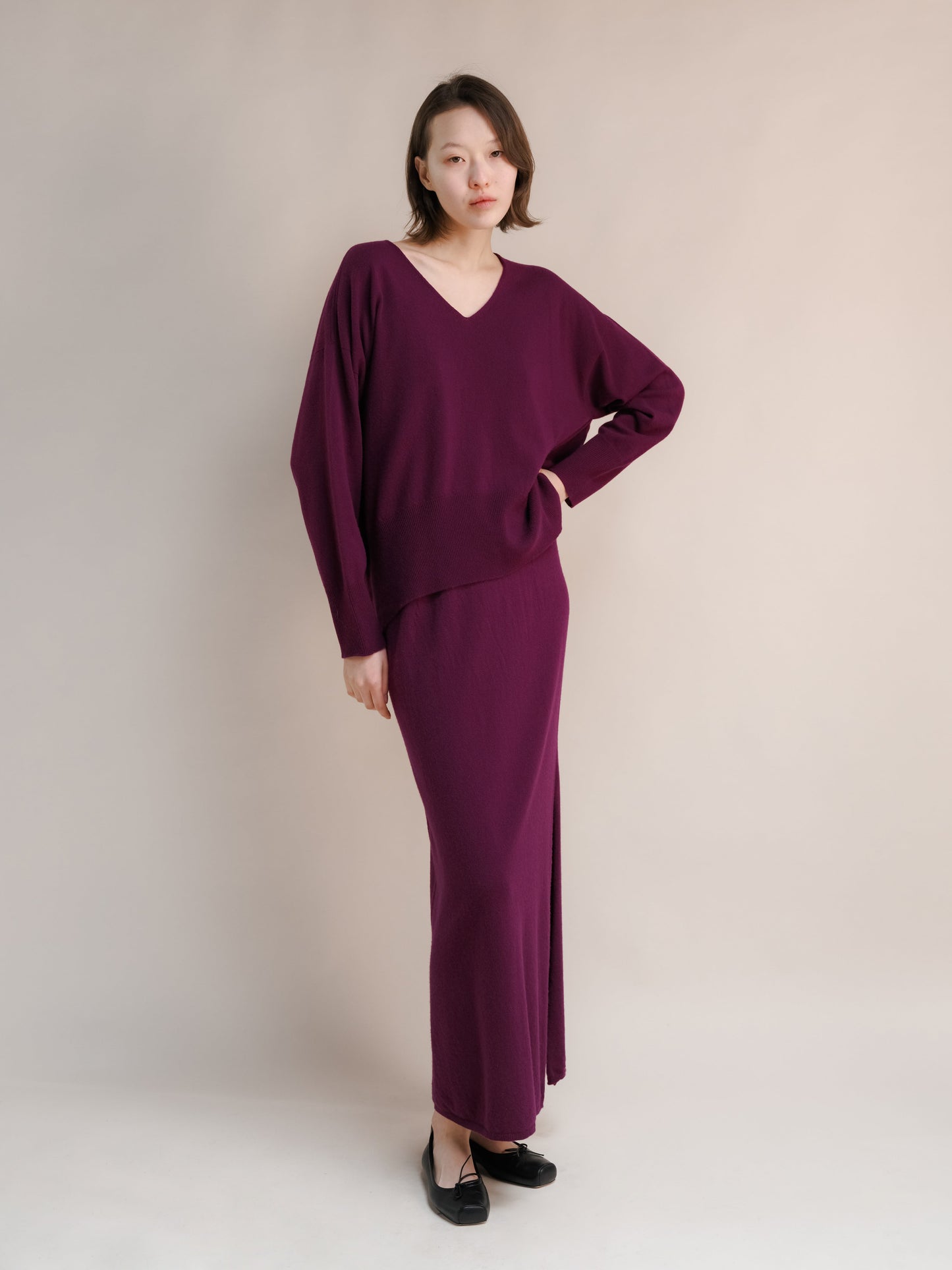 Cashmere Mix High-Waist Long Skirt With Side Slit (3D-knit)