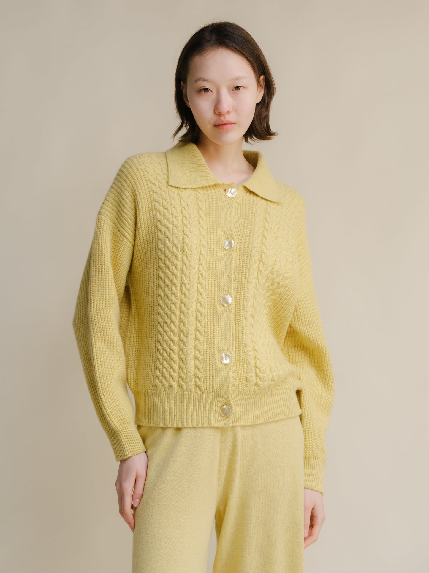 Cashmere Mix Cable Polo Cardigan