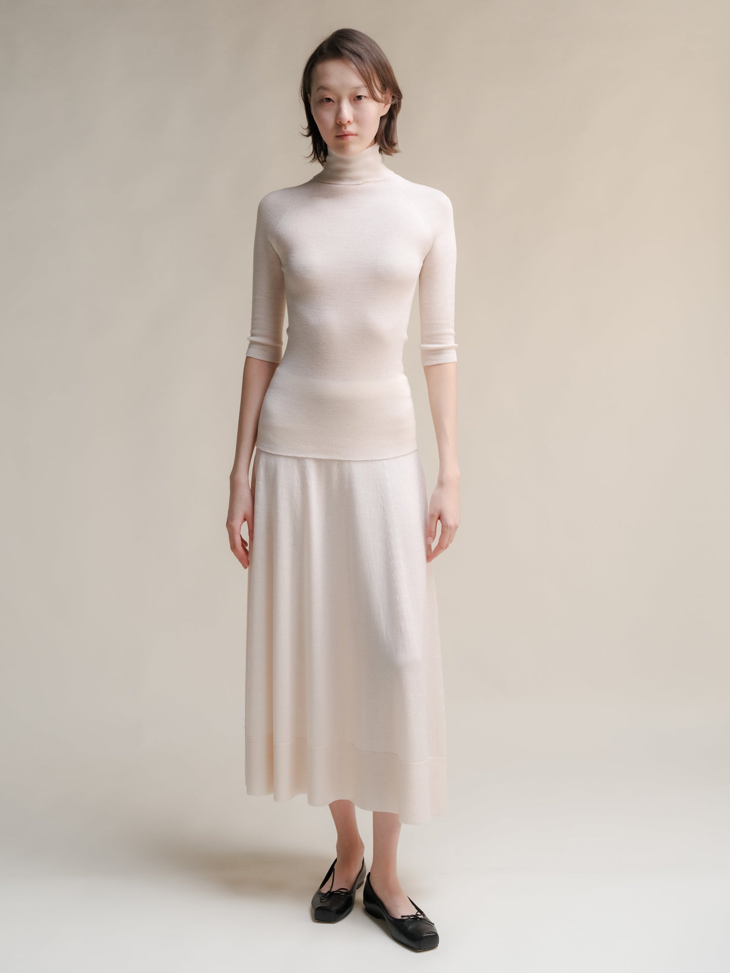 Extra Fine Merino Wool 3/4 Sleeve Ribbed Turtleneck  (3D-Knit)
